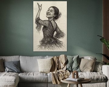 Jonge vrouw danst de flamenco (draadkunst op geschept papier portret beweging jurk fragiel)
