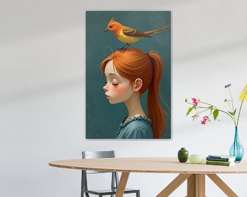 Bird's Dream - Girl in Blue Dress with Orange Hair