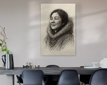 Inuit vrouw met warme bontkraag (winter Antarctica krachtig portret natuur zwart garen)
