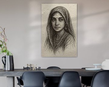 Rajasthan vrouw met ghoonghat sluier (draad portret dame India traditioneel mysterieus sieraden bindi)