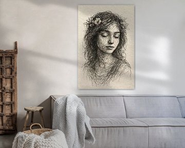 Jonge vrouw met bloemenkrans en gesloten ogen (lijntekening zwart garen fragiel Boho stijl rust sereen)