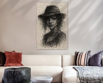 Mysterieuze jonge vrouw met hoed (draad portret op geschept papier stijlvol elegant mode tijdloos)