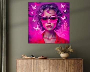 Metamorphosis in Purple - Woman with Modern Glasses and Butterflies by Kleurenrijk