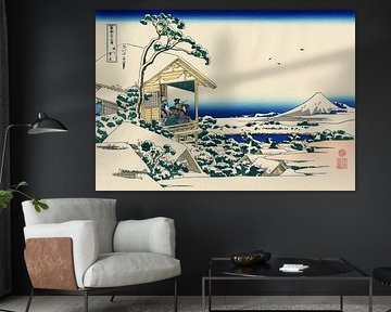Katsushika Hokusai - Teehaus in Koishikawa. Der Morgen nach einem Schneefall (ca. 1830-1832) | Heitere Ukiyo-e Szene aus sechsunddreißig Ansichten des Berges Fuji