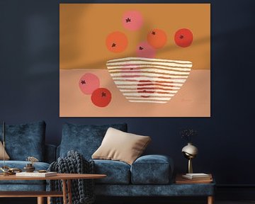 Bowl with oranges and apples - Colourful illustration in ochre yellow, pink, red and orange by Anna Benge