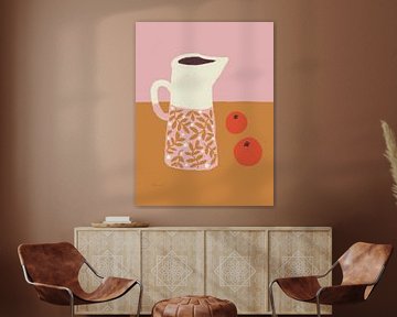 Pichet avec oranges - Illustration colorée en jaune ocre et rose sur Anna Benge