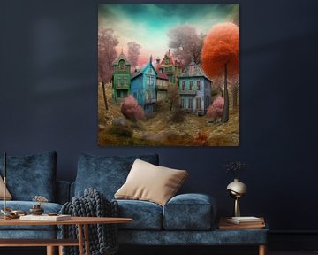 paysage urbain maisons pastel féerique rêvé arbres