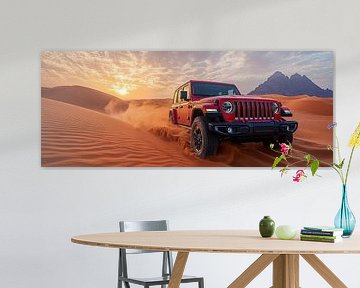 Red Jeep Wrangler at Sunset in the Dunes