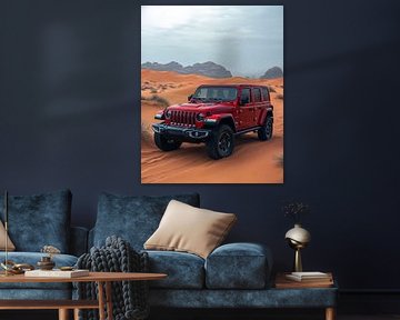 Red Jeep Wrangler at Sunset in the Dunes