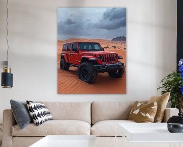 Red Jeep Wrangler at Sunset in the Dunes