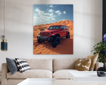 Red Jeep Wrangler at Sunset in the Dunes