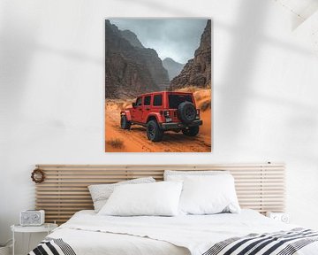 Red Jeep Wrangler at Sunset in the Dunes