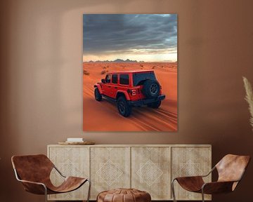 Red Jeep Wrangler at Sunset in the Dunes