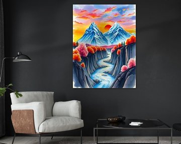 Sereniteit bij zonsondergang in de bergvallei van Artistic