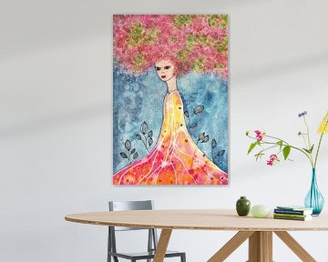 Dame met roze-groen haar van Enjoy-Aquarell