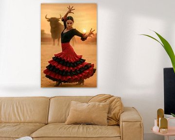 Duel in het licht - flamenco tussen zon en stier van Klaus Tesching - Art-AI