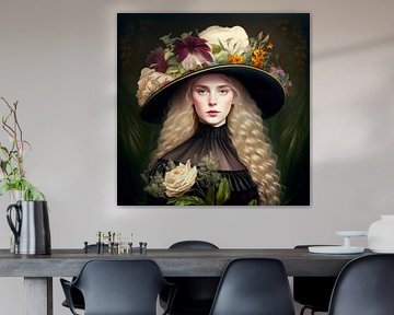 Old masters young woman portrait large hat flowers blond hair