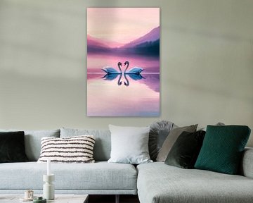 Elegante zwanen in roze landschap van Art & Soul Creations