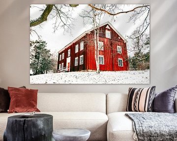 Rood huis in de sneeuw van Nick Davids