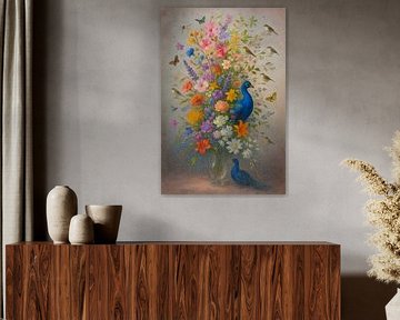 Colour Explosion in Bloom - Botanical Wall Decoration with Peacocks and Birds