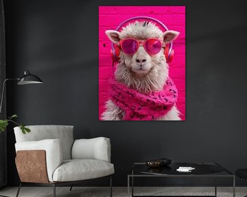 Drôle de mouton rose avec des écouteurs et des lunettes de soleil sur Frank Daske | Foto & Design
