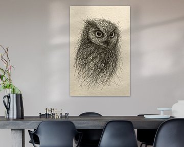 Draad portret van een uil (natuurlijke kleuren Boho stijl vogels nachtdier tekening)