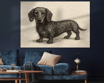 Draad portret van een teckel  (realistische tekening hond korte pootjes zwart wit huisdier)