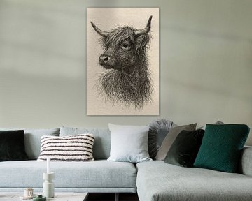 Draad portret Schotse Hooglander (koe hoorns line-art boerderij aards krachtig neutraal)