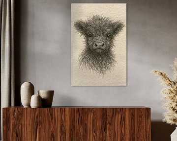Draad portret jonge Schotse Hooglander (kalf baby koe zacht pluizig schattig lief kinderkamer)