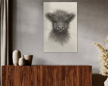 Draad portret jonge Schotse Hooglander (kalf baby koe zacht pluizig schattig lief kinderkamer)
