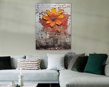 muur graffiti oranje geel bloem verval geschiedenis verleden