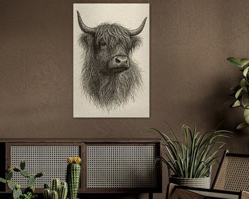 Draad portret Hooglander (Schotland koe hoorns vriendelijk krachtig speels realistische tekening Scandinavisch interieur) van Natalie Bruns