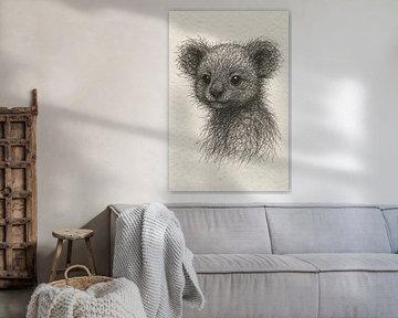 Draad portret baby koala (Australië line art realistisch tekening beige zwart speels schattig)