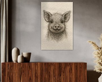 Draad portret vrolijk biggetje (baby kamer boerderij dieren vrolijk lief schattig Boho rustgevend tekening)