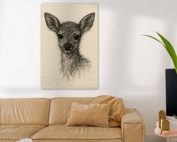 Draad portret hertenkalf (schattig klein diertje bos warm beige zwart babykamer tekening)