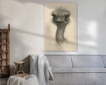 Draad portret jonge struisvogel (grappig humor speels vrolijk illustratie babykamer neutraal kunstwerk) van Natalie Bruns