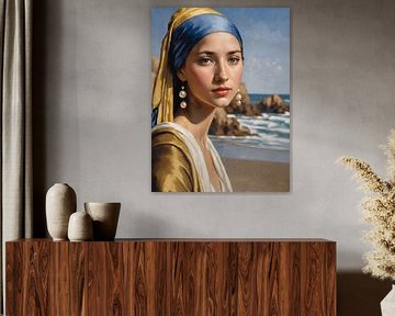 La fille à la perle sur la plage sur Jolique Arte