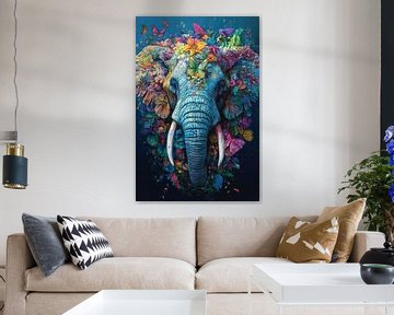 Olifant in Bloemenpracht Dromerige Kleurenexplosie van Eva Lee