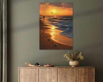 Gouden Zonsondergang Wandeling op het Strand met Voetafdrukken en Zeemeeuwen van marukin