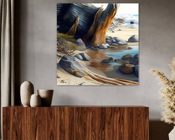 Beach driftwood pebbles sand waves spray sea coast