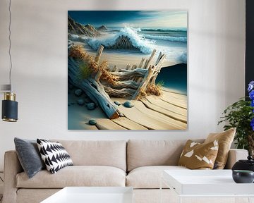 Beach driftwood pebbles sand waves spray sea coast