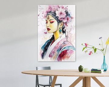 Een sierlijke Oost-Aziatische vrouw in traditionele keizerlijke kledij.