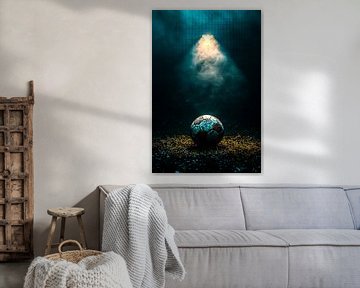 Verweerde voetbal onder spotlight van Imperial Art House