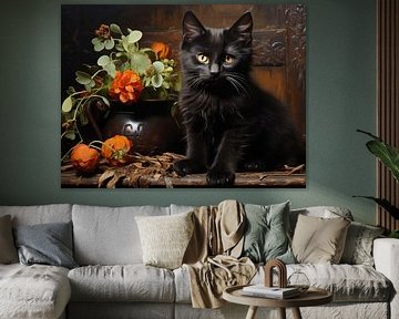 Cute Black Cat and Flowers