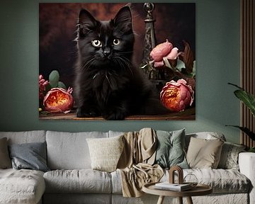 Cute Black Cat and Flowers