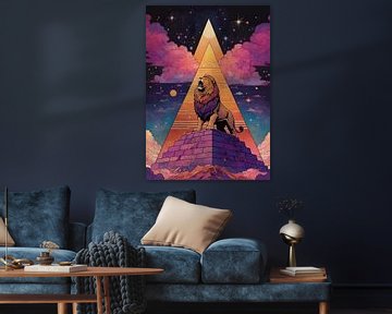 Leeuw op piramide in kosmisch landschap van MIROKKU