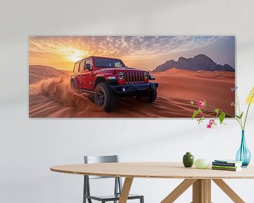 Red Jeep Wrangler at Sunset in the Dunes