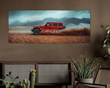 Red Jeep Wrangler at Sunset in the Dunes