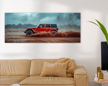 Red Jeep Wrangler at Sunset in the Dunes