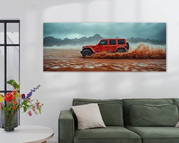 Red Jeep Wrangler at Sunset in the Dunes